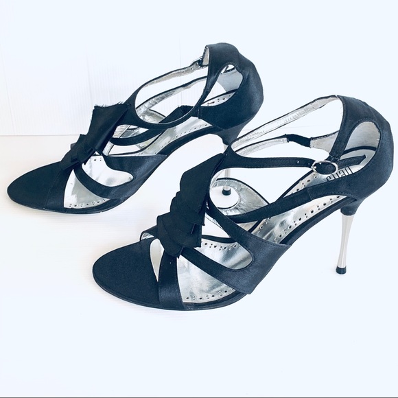 Betts Shoes - Betts Damzel Black Satin Slingback Gold Stiletto